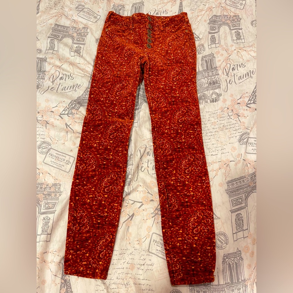 Anthropologie Pilcro High-Rise Skinny Orange floral corduroy pants 25